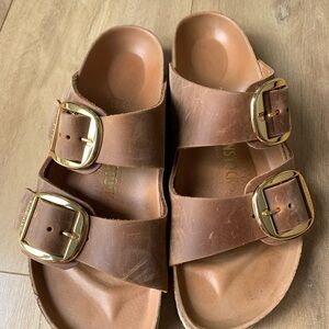 Birkenstock Arizona Gold Buckles Oiled Leather Cognac Size 8